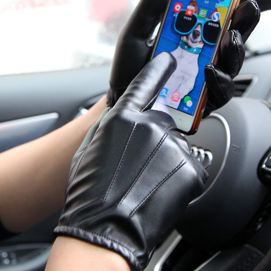 Long Keeper Men Leather Touchscreen Gloves Winter Driving Warm Wrist Gloves