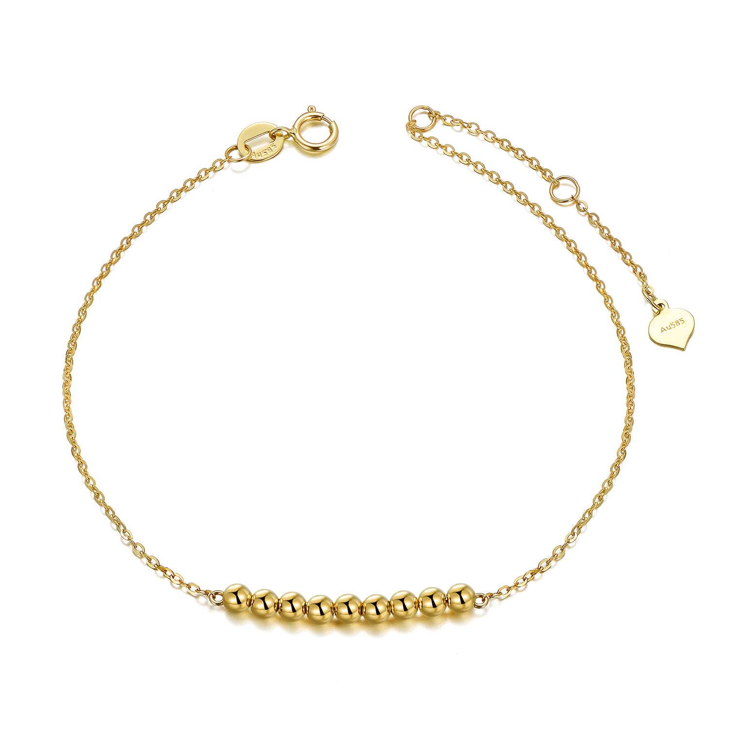 SISGEM 14K Gold Bracelets for Women, Real Yellow Gold Beads Ball Bracelets Adjustable Chain Fine Jewelry for Wife, Mom 6.5"- 8"