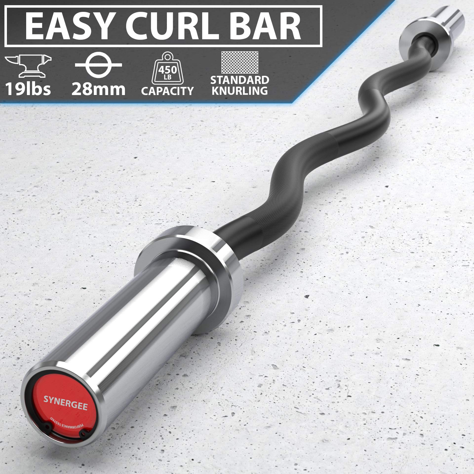 Synergee Commercial EZ Curl Olympic Bar Chrome Sleeves and Black Phosphate Shaft Excellent for Bicep Curls and Triceps Extensions