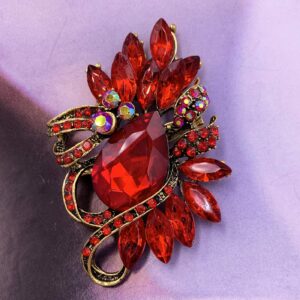 SELOVO Vintage Style Statement Red Leaf Scarf Shawl Brooch Pin Crystal Antiqued Gold Tone