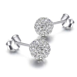 RIVERTREE 925 Sterling Silver 6mm Pave Crystal Disco ball Earrings Stud Silver for Women Shamballa Inspired