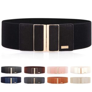 MIJIU Elastic belts for women 3" Wide Stretch Waistband Cinch Belts Black belt With gold buckle