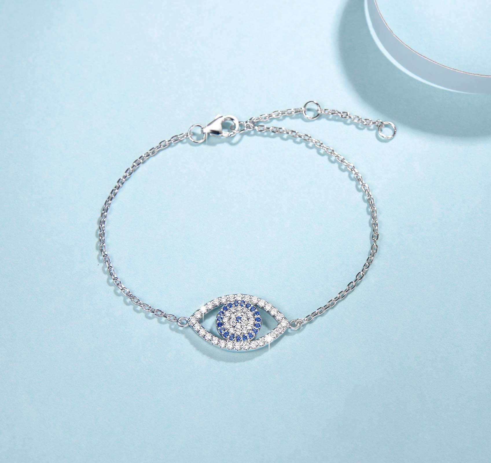 FANCIME Evil Eye Bracelet 925 Sterling Silver Cubic Zirconia Blue Eye Bracelet Yom Kippur Gifts Fine Lucky Jewelry for Women Friends