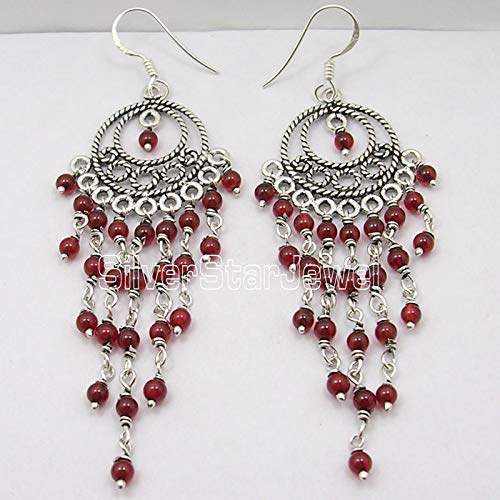 SilverStarJewel 925 Sterling Silver Natural Cabochon Carnelian Long Earrings 3.1" New Art