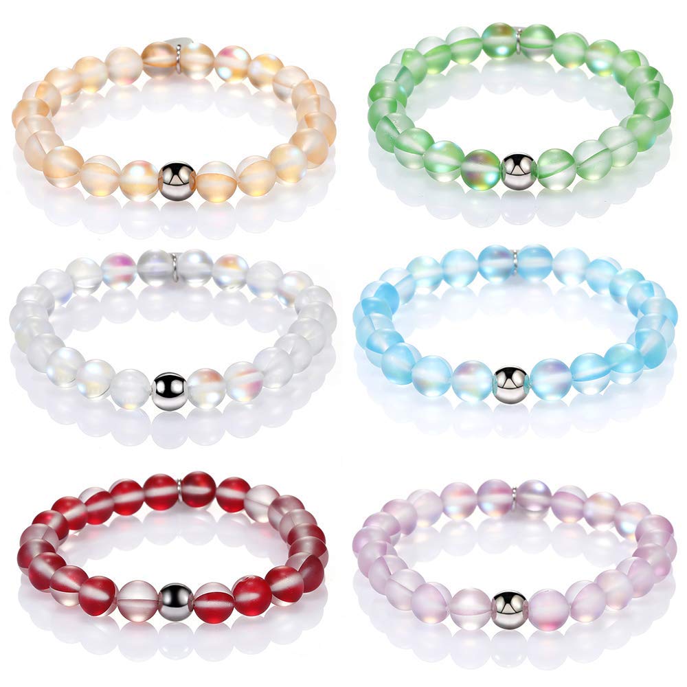 SUMMER LOVE 8MM Mystic Mermaid Glass Beaded Stretch Bracelet Shimmer Beads Glowing Aura Charm Beaded Couples Bracelets for Women