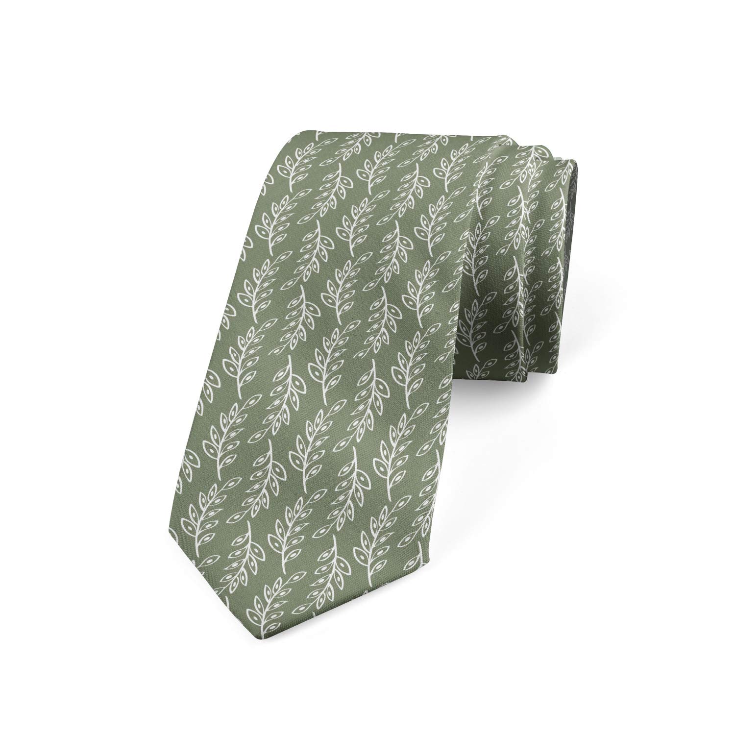 Ambesonne Necktie, Nature Leafy Branches, 3.7", Sage Green and White