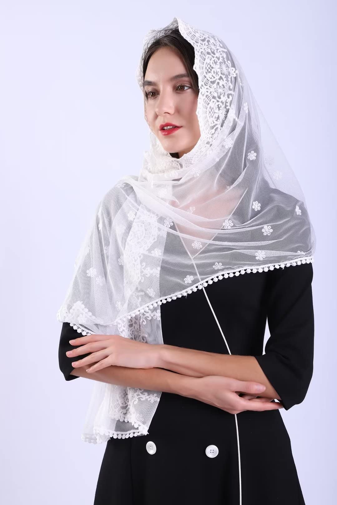 Grettytling Chapel Veil Embroidered Lace Mantilla Church Veil Head Covering Veils for Church Shawl-Scarf Wedding Shawl(White)