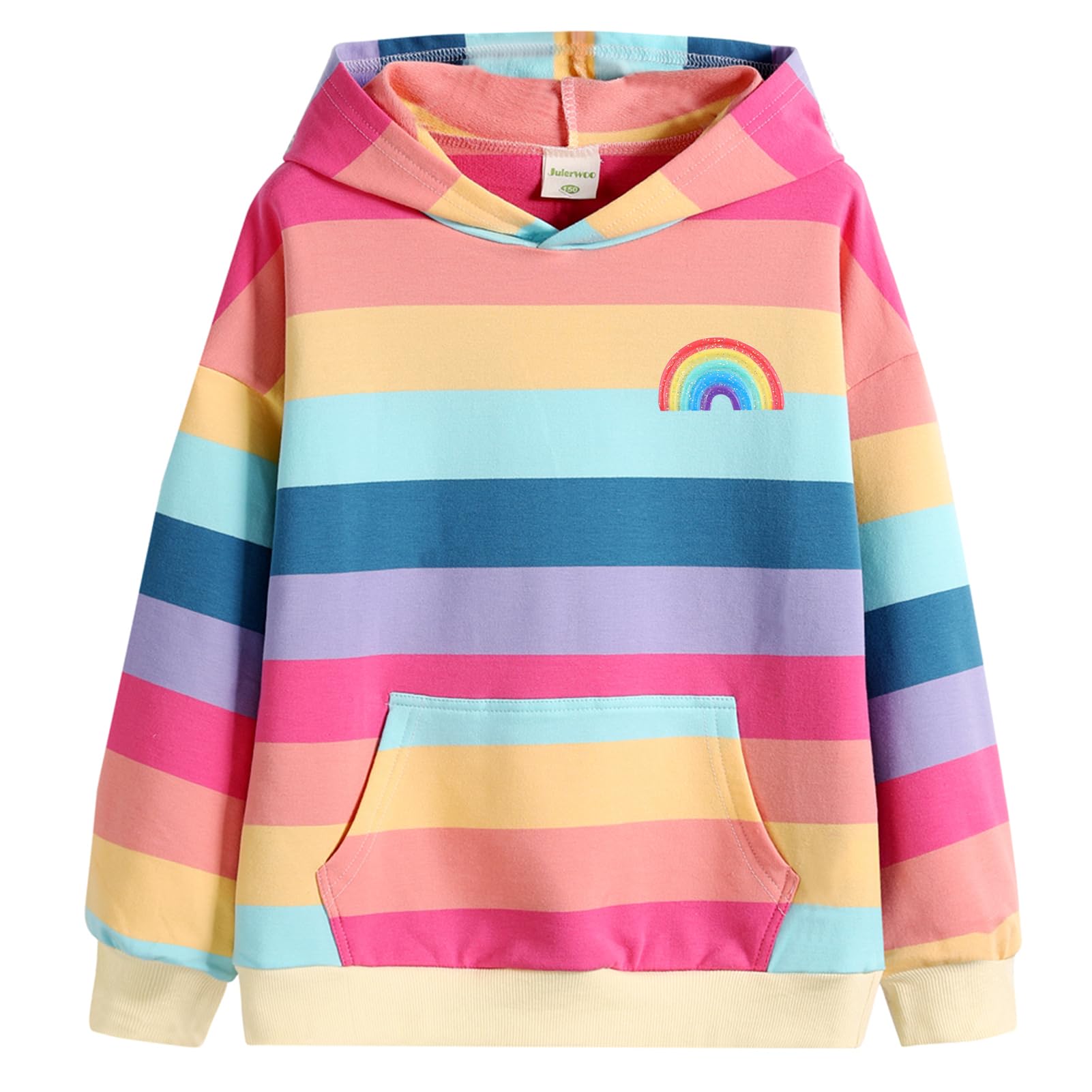 Julerwoo Toddler Girls Cotton Stripe Sweatshirt Hoodie Rainbow Embroidery Pocket Pullover Tops (2T, Color Stripe)