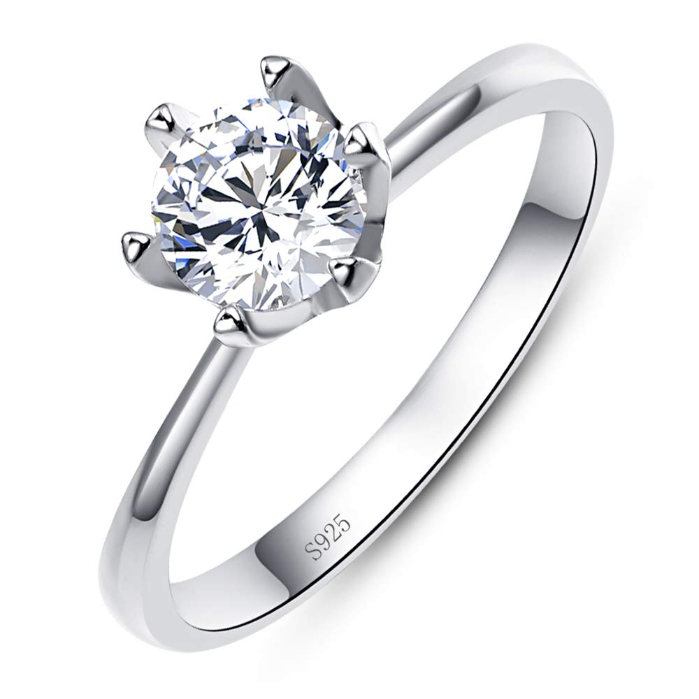 AVECON Sterling Silver Round 1.25ct CZ 6 Prong Classic Solitaire Wedding Engagement Ring 7MM Size 8