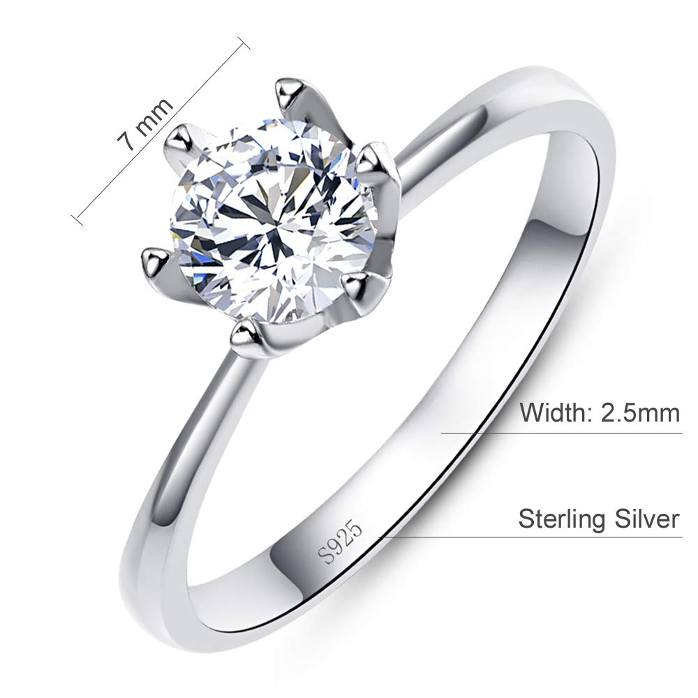 AVECON Sterling Silver Round 1.25ct CZ 6 Prong Classic Solitaire Wedding Engagement Ring 7MM Size 8