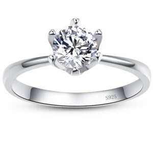 AVECON Sterling Silver Round 1.25ct CZ 6 Prong Classic Solitaire Wedding Engagement Ring 7MM Size 8