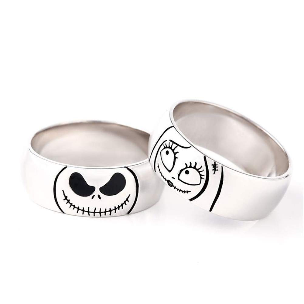 Jeulia Jack Skellington and Sally Couple Rings 925 Sterling Silver Women Men Band Set Halloween Jewelry Anniversary Promise Rings for Him and Her with Jewelry Gift Box (Men, 5)