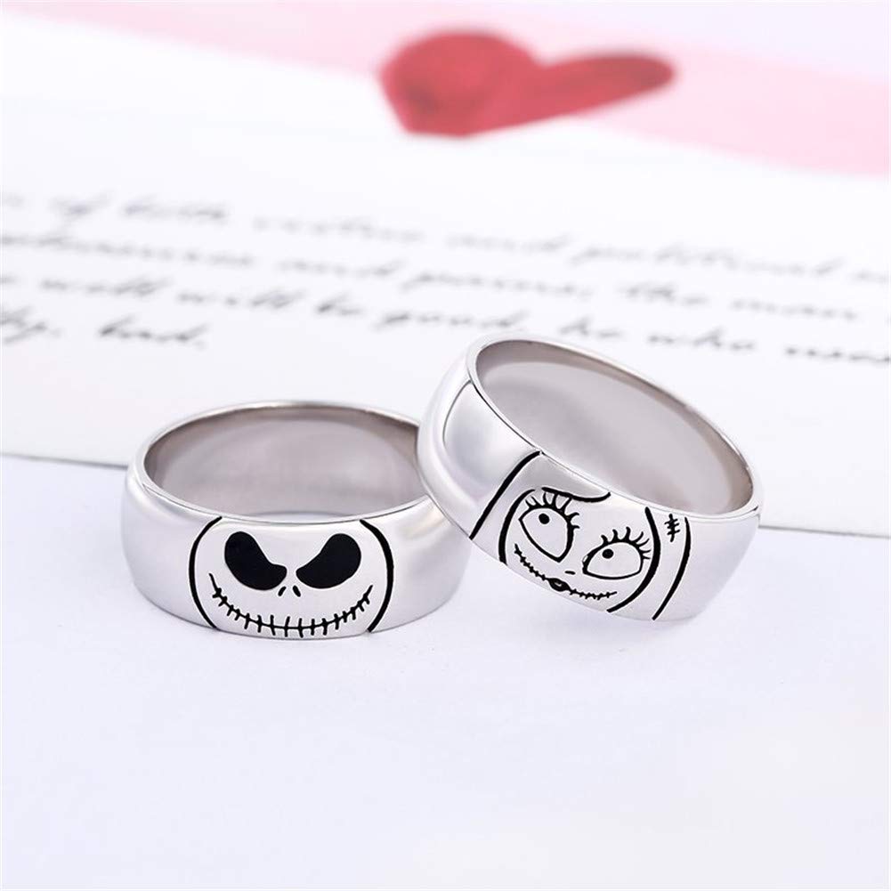 Jeulia Jack Skellington and Sally Couple Rings 925 Sterling Silver Women Men Band Set Halloween Jewelry Anniversary Promise Rings for Him and Her with Jewelry Gift Box (Women, 7)