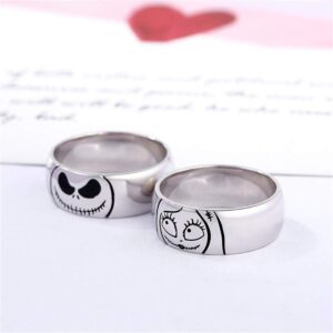 Jeulia Jack Skellington and Sally Couple Rings 925 Sterling Silver Women Men Band Set Halloween Jewelry Anniversary Promise Rings for Him and Her with Jewelry Gift Box (Women, 7)