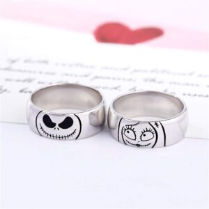 Jeulia Jack Skellington and Sally Couple Rings 925 Sterling Silver Women Men Band Set Halloween Jewelry Anniversary Promise Rings for Him and Her with Jewelry Gift Box (Men, 5)