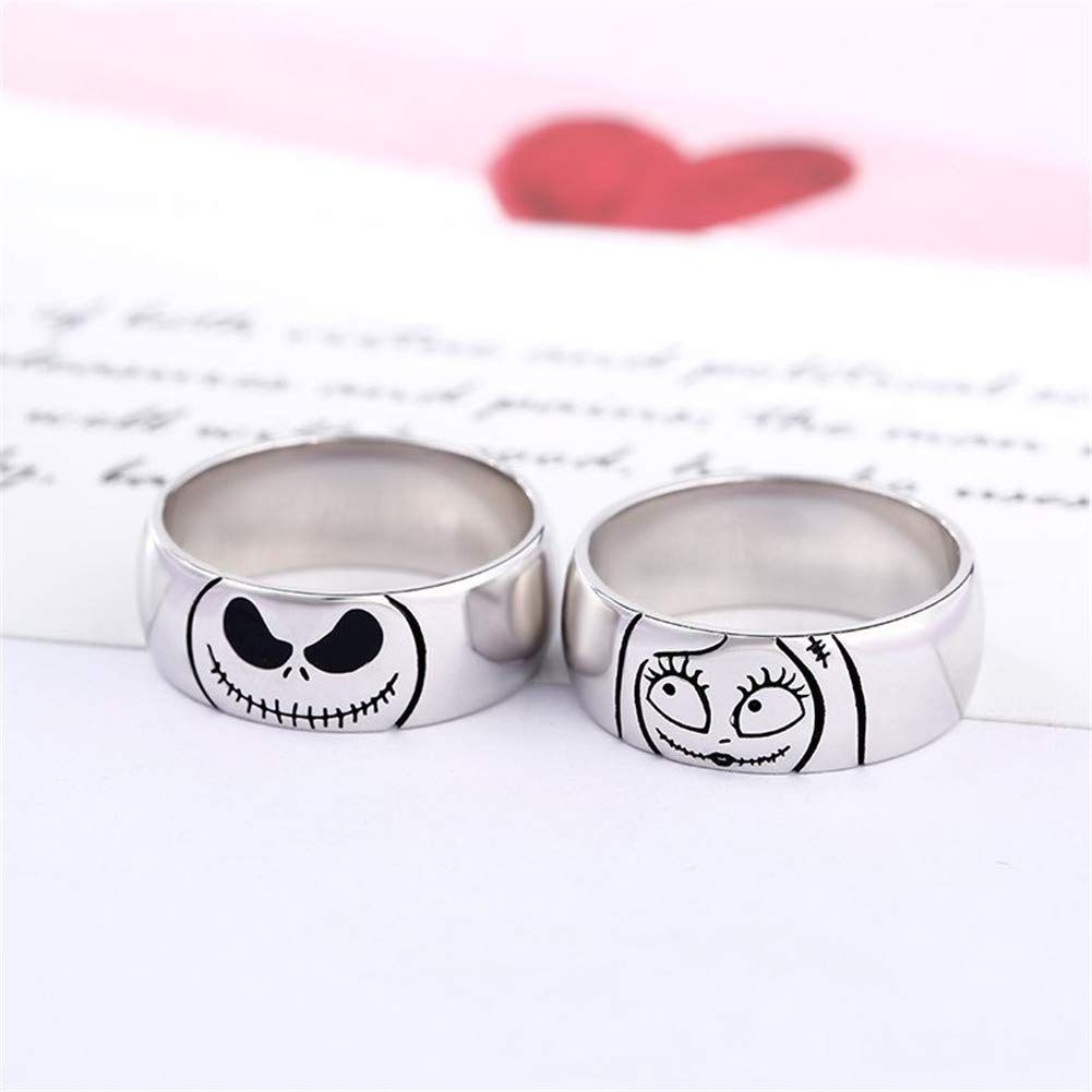 Jeulia Jack Skellington and Sally Couple Rings 925 Sterling Silver Women Men Band Set Halloween Jewelry Anniversary Promise Rings for Him and Her with Jewelry Gift Box (Women, 7)