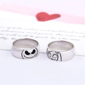 Jeulia Jack Skellington and Sally Couple Rings 925 Sterling Silver Women Men Band Set Halloween Jewelry Anniversary Promise Rings for Him and Her with Jewelry Gift Box (Men, 5)