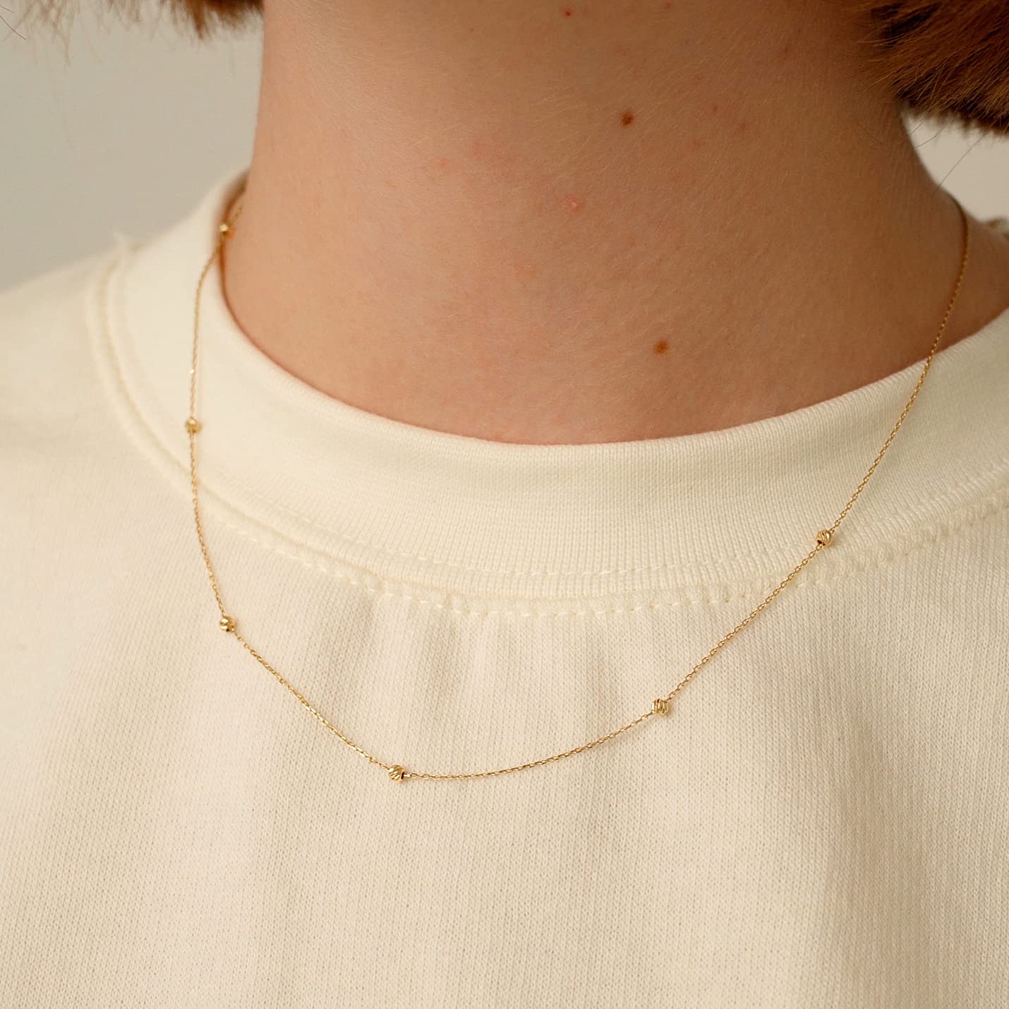 14k Real Gold Beads Station Necklace for Women | 14k Gold Ball Beads Station Necklaces | Beaded Pendant Necklace | Dainty Layering Jewelry | Gifts for Christmas, 18"