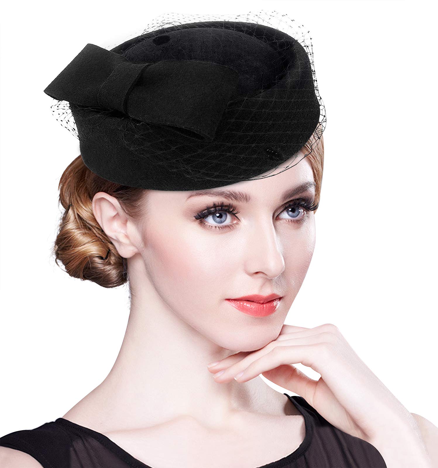 Z&X Winter Wool Fascinator British Pillbox Hat Women Wedding Church Derby Beret Hat Veil Bow Fedoras Black