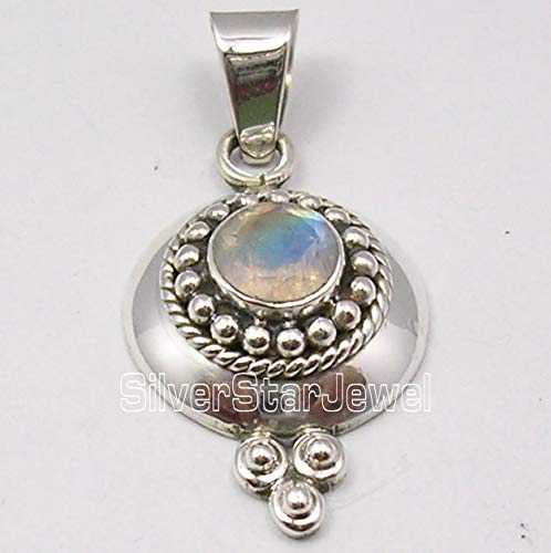 SilverStarJewel 925 Solid Silver Rainbow Moonstone Necklace Pendant 1.4" New Jewelry