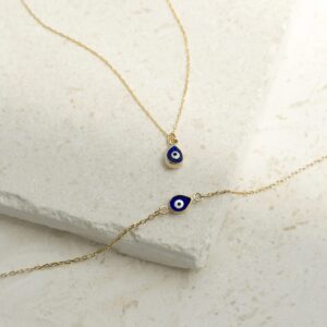 14k Solid Gold Blue Evil Eye Necklace | 14k Yellow Gold Drop Necklaces for Women | Teardrop Pendant Necklace | Delicate Protection Jewelry | Gifts for Anniversary, 18"