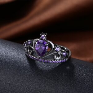 WANGYUSHENG Womens Black Gold Plated Purple Amethyst Cubic Zirconia CZ Princess Crown Tiara Ring Wedding Band (6)