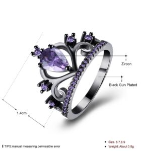 WANGYUSHENG Womens Black Gold Plated Purple Amethyst Cubic Zirconia CZ Princess Crown Tiara Ring Wedding Band (6)