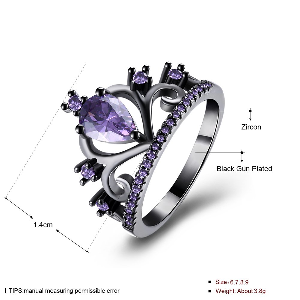 WANGYUSHENG Womens Black Gold Plated Purple Amethyst Cubic Zirconia CZ Princess Crown Tiara Ring Wedding Band (6)