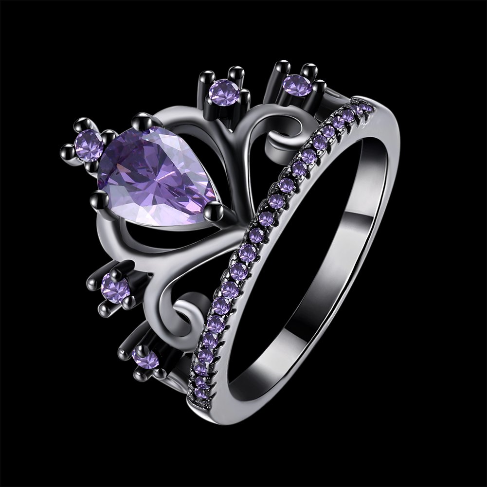 WANGYUSHENG Womens Black Gold Plated Purple Amethyst Cubic Zirconia CZ Princess Crown Tiara Ring Wedding Band (6)