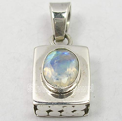 SilverStarJewel 925 Solid Sterling Silver Rainbow Moonstone Necklace Pendant 1"