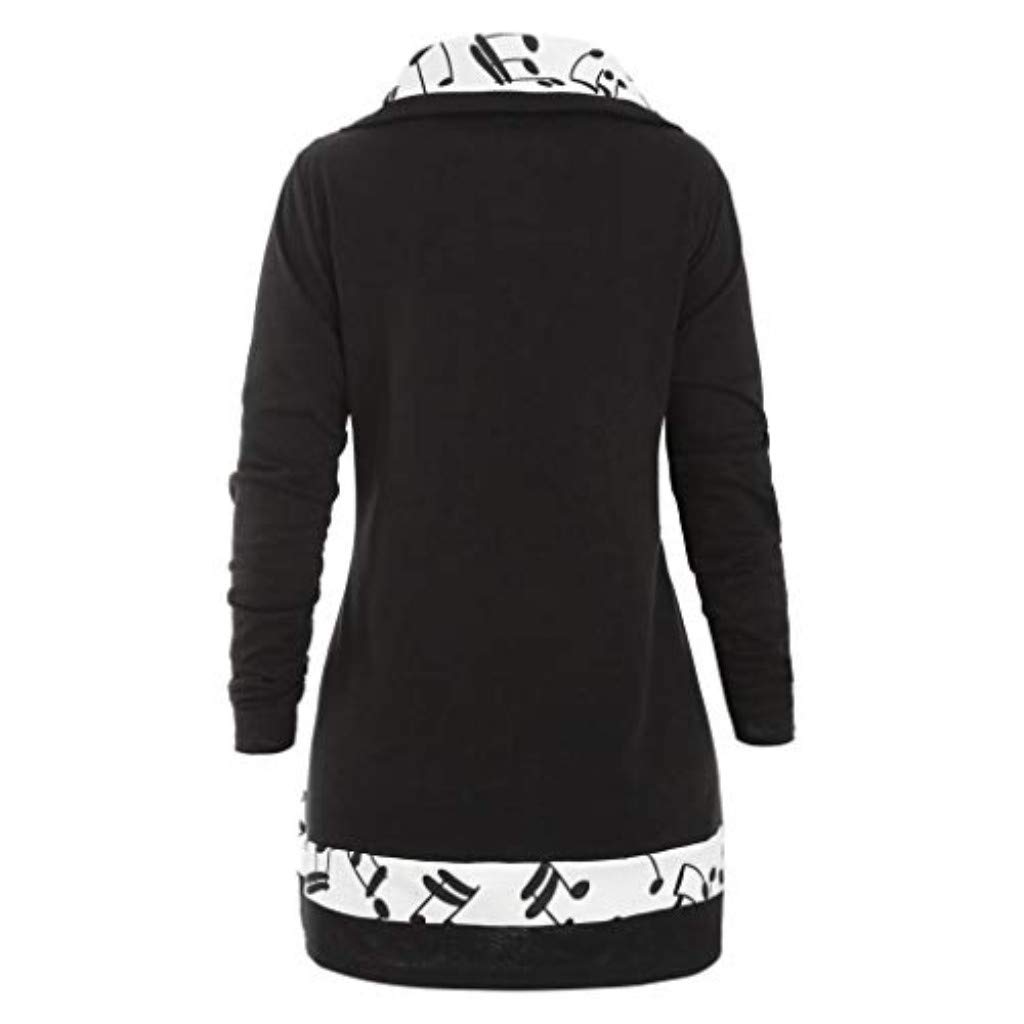 Fashion Women Solid Music Note Print Patchwork Long Sleeve T-Shirt Blouse Turtleneck Button Asymmetrical Hem Tops (Black) (L, Black)