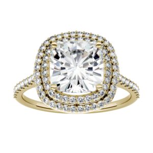 charles & colvard yellow gold moissanite 8.0mm cushion halo engagement ring-size 7 2.90cttw dew