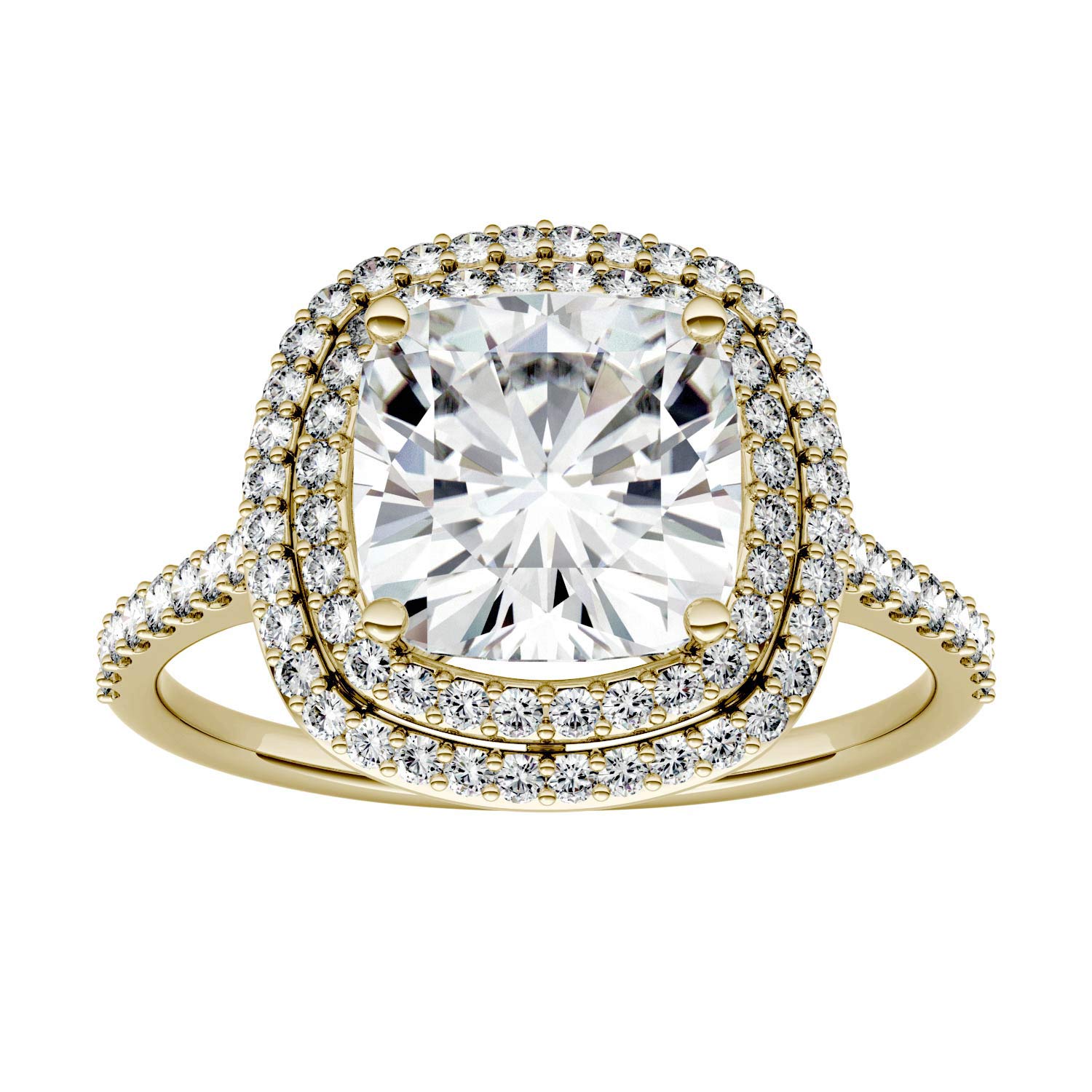 Charles & Colvard Yellow Gold Moissanite 8.0mm Cushion Halo Engagement Ring-size 7 2.90cttw DEW