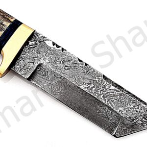 Smart & Sharp Custom Handmade Damascus Steel Hunting Knife/Tanto Knife/Skinning Knife AA-17255, 17256, 17257, 17258 and 17259 (Antique Stag and Blue Wood)