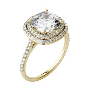 Charles & Colvard Yellow Gold Moissanite 8.0mm Cushion Halo Engagement Ring-size 7 2.90cttw DEW