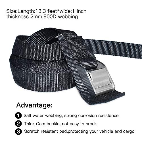 Premium Lashing Strap 1" x 13 ft,Tie Down Straps with Heavy Duty Cam Buckle with Sturdy Pad Secure Straps up to 1000 lbs Capacity for SUP, Kayak, Surboard, Cargo, Trailer, Luggage and More, 2 PCS/Set