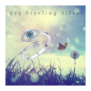 JUSTKIDSTOY Sterling Silver Evil Eye Ring Open Rings Adjustable Openable for Women (Silver)