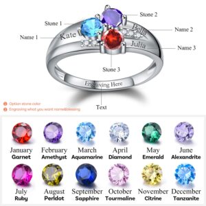 Madeone 925 Sterling Silver 14K Gold Plated Personalized Mother Rings Halo Gemstone Rings with 3 Birthstone 3 Names and 1 Engraving Customized Wedding Engagement Promise Rings for Women