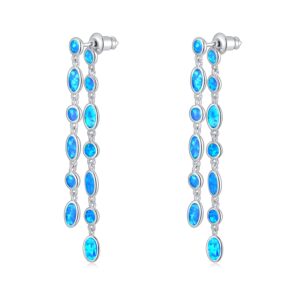 CiNily Ladies Opal Drop Earring 18K White Gold Plated Tiny Round Oval Blue Opal Ear Stud Dangle Earrings Gemstone Earrings