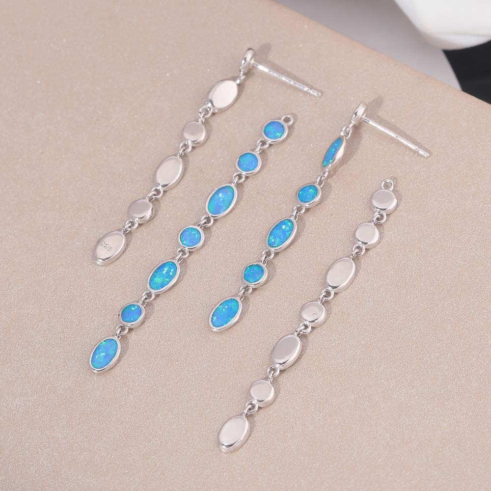 CiNily Ladies Opal Drop Earring 18K White Gold Plated Tiny Round Oval Blue Opal Ear Stud Dangle Earrings Gemstone Earrings