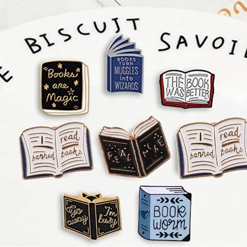 FOVIUPET 7pcs Cartoon Books Enamel Pins with Beige Velvet Bag, Magic Book Badges Cute Collar Brooch Decorative Lapel Pins for Backpack Clothing Learning Gifts for Teacher Student Readers Book Lovers (SET A)