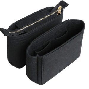 HyFanStr Felt Insert Bag Organizer with Zipper, Small Handbag Purse Organizer Tote Liner Pouch for Women, 2 Pcs Set Black