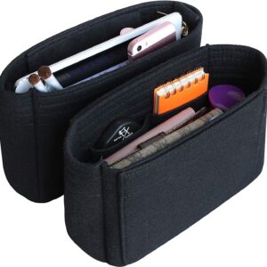 HyFanStr Felt Insert Bag Organizer with Zipper, Small Handbag Purse Organizer Tote Liner Pouch for Women, 2 Pcs Set Black