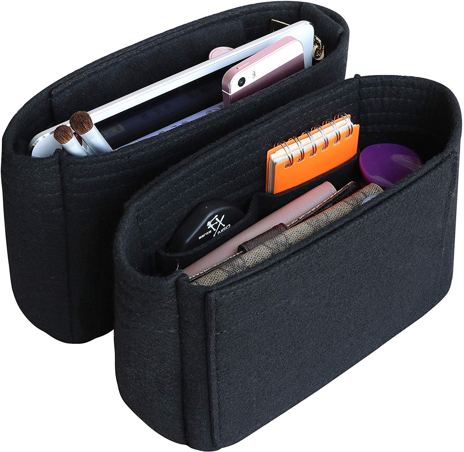 HyFanStr Felt Insert Bag Organizer with Zipper, Small Handbag Purse Organizer Tote Liner Pouch for Women, 2 Pcs Set Black