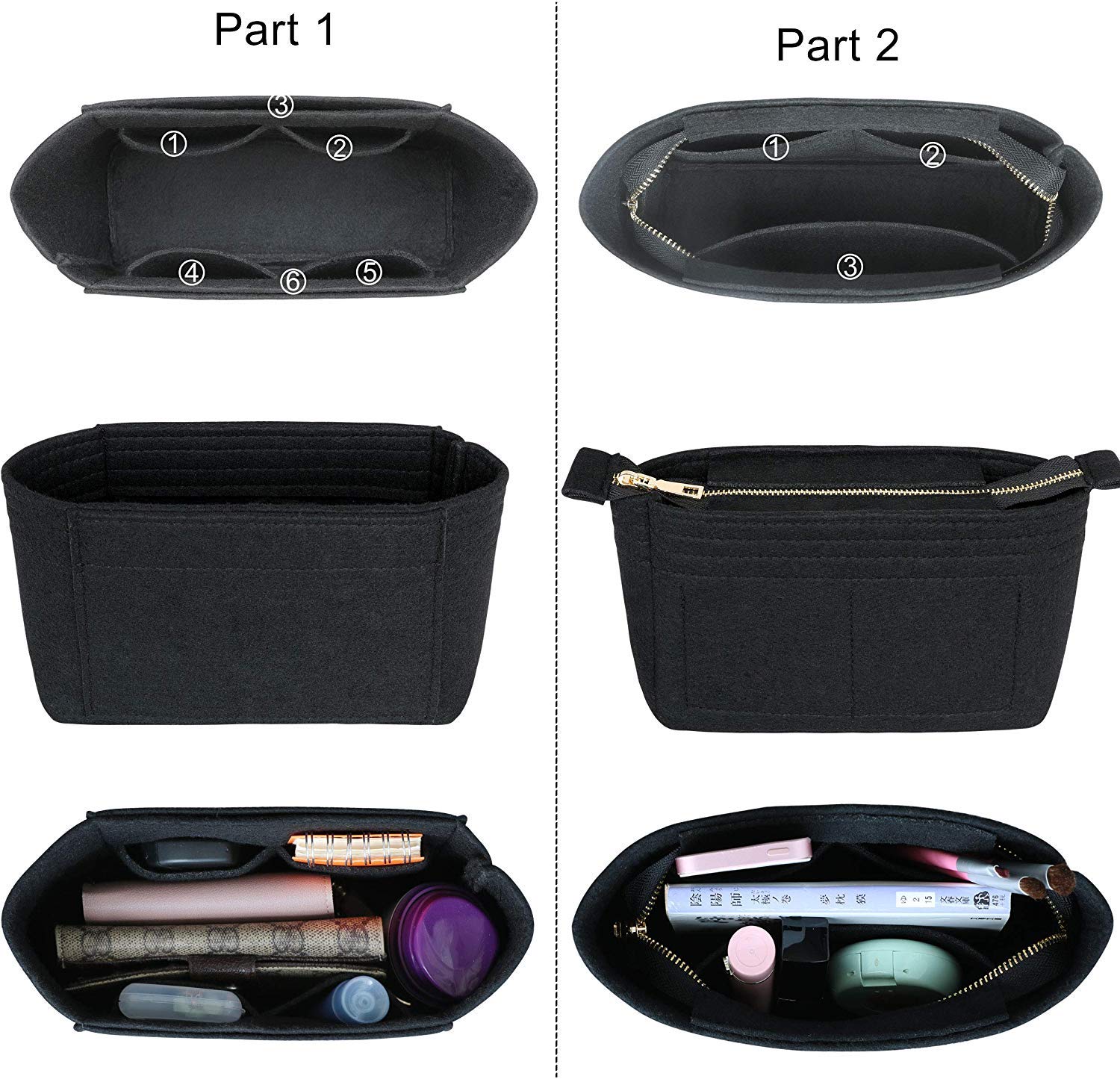 HyFanStr Felt Insert Bag Organizer with Zipper, Small Handbag Purse Organizer Tote Liner Pouch for Women, 2 Pcs Set Black