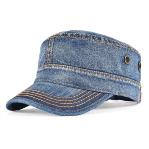 voboom washed cotton military caps cadet army caps unique design vintage flat top cap (denim blue)