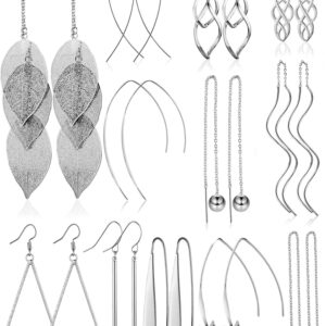 13 Pairs Metal Drop Dangle Earrings Set Curved Threader Dangle Earrings Double Twist Wave Long Bar Arrow Leaf Earrings (Silver)