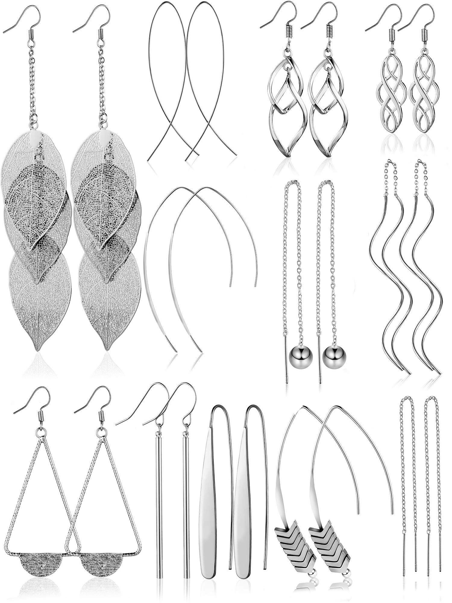 13 Pairs Metal Drop Dangle Earrings Set Curved Threader Dangle Earrings Double Twist Wave Long Bar Arrow Leaf Earrings (Silver)