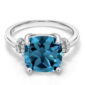 gem stone king 925 sterling silver london blue topaz engagement ring for women (4.64 cttw, cushion cut 10mm, gemstone birthstone, available in size 5, 6, 7, 8, 9)