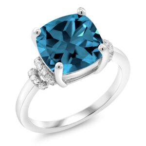 Gem Stone King 925 Sterling Silver London Blue Topaz Engagement Ring For Women (4.64 Cttw, Cushion Cut 10MM, Gemstone Birthstone, Available in size 5, 6, 7, 8, 9)